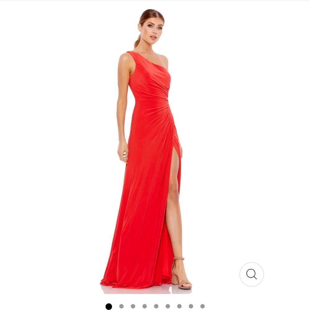 Mac Duggal 26163 One Shoulder Ruched Jersey Front Slit Evening Gown - cherry red